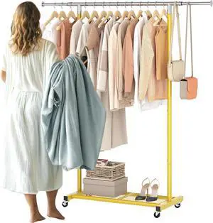 JIUYOTREE Rolling Clothes Rack with Dense Mesh Storage Shelf Clothing Garment Rack with Wheels Width Adjustable Clothing Organizer for Hanging Clothes Shirts Pants Skirts and Bags Gold