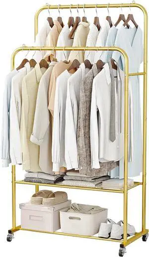 Clothes Rack with Wheels Garment Rack for Hanging Heavy-Duty Clothing Rack Metal Rolling Clothes Shelves for Bedroom, Closet (Golden)