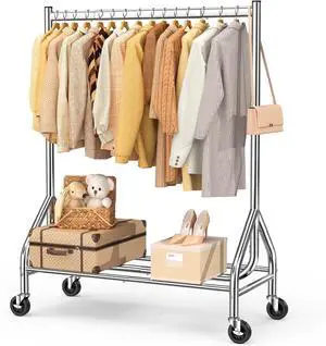 EAGMAK Heavy Duty Clothes Rack Load 420 LBS, Rolling Garment Rack with Lockable Wheels, Standing Metal Clothing Rack with Shelves, Portable Wardrobe Sturdy Coat Rack for Hanging Clothes (Silver)