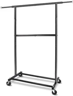 Black Simple Standard Rod Rolling Clothing Garment Rack, Metal Clothes Organizer with Lockable Wheels