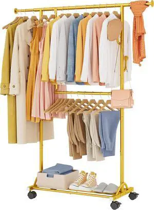 FAVOOSTY Clothes Rack for Hanging Clothes, Rolling & Extending Clothing Rack with Wheels, Garment Coat Rack Freestanding, Portable Closet Organizers and Storage Laundry Room Bedroom, Gold