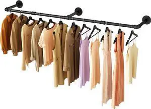 Wall Mounted Clothes Rack 60in, Industrial Pipe Clothing Racks Wall Mount, Heavy Duty Detachable Iron Garment Bar, Saving Space, Multi-Purpose Hanging Rod for Bedroom, Laundry Room, 1 Pack