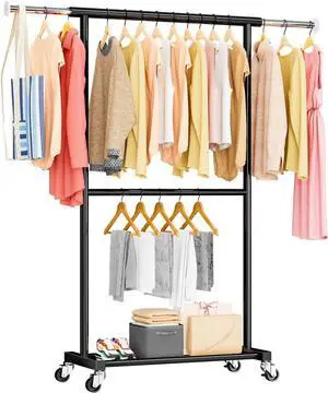 Double Clothing Rack for Hanging Clothes, Rolling Garment Rack with Shelves, Load 150lbs, Black
