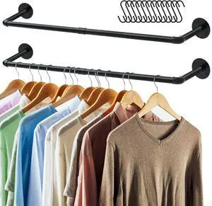 ERYTLLY Industrial Pipe Clothes Rack 36.2, 2 Set Multi-purpose Wall Mounted Iron Garment Rod,Heavy Duty Detachable Hanging Clothes Rack for Closet Rod (Black,2 Base)