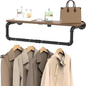 Industrial Pipe Clothing Rack with Top Shelf, Closet Poles for Hanging Clothes, Heavy Duty Iron Garment Racks Wall Mounted, 27.6x10.2x5.9 Inch, Black