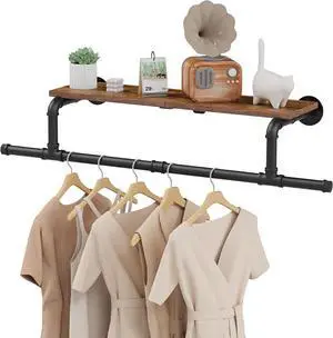 Wall Mounted Clothes Rack with Top Shelf, Space Saver Industrial Pipe Shelving, Heavy Duty Iron Closet Poles, Extension at Both Ends, 37.6×10.2×5.9 Inch, Black