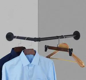 AddGrace Industrial Pipe Garment Rack Iron Wall Mounted Right Angle Corner Clothing Rack with Screws DIY Home Storage Display (Black) 18.1"