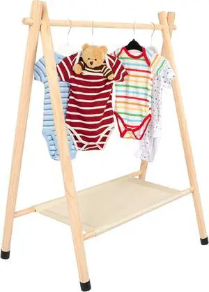 Queekay Baby Clothing Rack for Baby Shower Toddlers Wooden Kids Dress up Rack with Storage Shelf for Toddler Dogs Pets Small Clothes Kids Garment Closet(28.7" h,Natural)