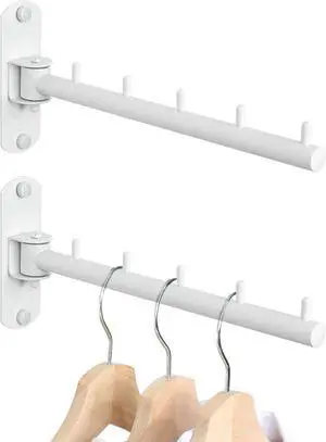 Swing Clothes Hanger Rack,2-Pack Garment Racks Wall Mounted Clothes Bar-Hanger Holder Hooks Heavy Duty Folding Drying Rack Space Saving Clothing Hanging System Closet Storage Organizer,White