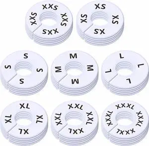 40 Pack Round White Plastic Clothing Size Closet Rack Dividers Hangers, Preprinted in 8 Sizes XXS, XS, S, M, L, XL, XXL, XXXL (Outer 3.5, Inner Diameter 1.38)