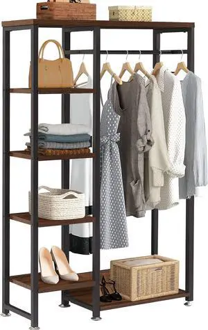 VECELO Open Garment Clothing Rack, Free-Standing Heavy Duty Storage Closet with 5 Shelves and Hanging Rod for Small Spaces, Max Load 350LBS, Brown