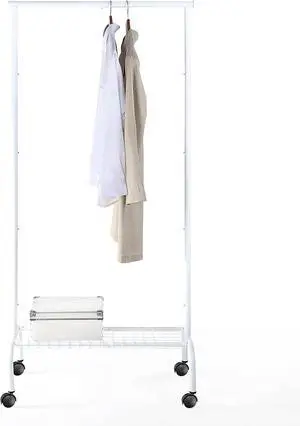 SunnyPoint Rolling Garment Rack with Shelf  Heavy-Duty Metal Clothing Rack on Wheels, 64.9 Tall Clothes Organizer with Bottom Storage, White