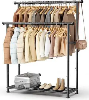 MISSLO Double Rods Garment Rack Heavy Duty Clothing Rack for Hanging Clothes Portable Clothes Organizer for Bedroom, Living Room, Clothing Store (Matte Black)