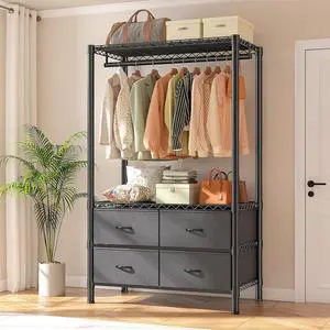 Raybee Clothing Rack Heavy Duty Clothes Rack for Hanging Clothes Adjustable with 4 Drawers Freestanding Garment Rack for Extra Space, Black