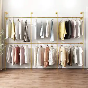 ORSENIGO Industrial Pipe Clothing Rack, Heavy Duty Metal Clothes Rack with Double Rods for Hanging Clothes, Wall Mount Space-Saving Garment Display Rack (Three, Gold)