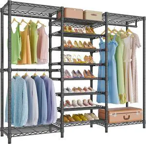 VIPEK S3 Heavy Duty Garment Rack Freestanding Clothes Rack Closet Storage Organizer Large Wardrobe with 6-Tier Shoe Rack, Hanging Rod, Adjustable Shelf, 68.9" L x 15.7" W x 76.4" H, Black