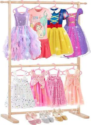 Bamboo Kids Clothing Rack with Dual Poles, Child Dress Up Rack, Clothing OrganizerRack, Small GarmentRack, Perfect for Costumes and Accessories (Natural color)