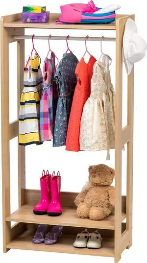 IRIS USA Small Open Wood Clothing Rack for Small Spaces, Clothes Rack with Shelves, Garment rack with Side Hook, Light Brown