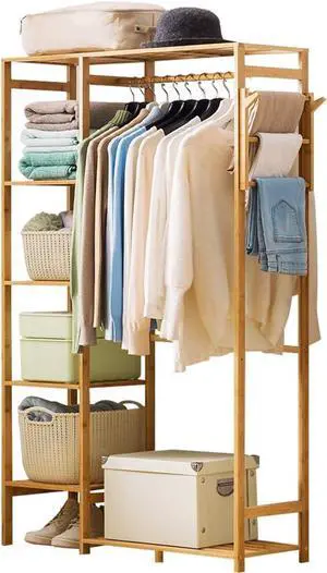 Ufine Bamboo Garment Rack 6 Tier Storage Shelves Clothes Hanging Stand with Side Hooks, Heavy Duty Clothing Rack Portable Wardrobe Closet Organizer