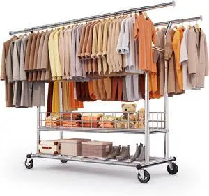 HOKEEPER Heavy Duty Clothing Clothes Rack for Hanging Clothes Adjustable Rolling Garment Rack with Wheels for Bedroom, Living Room (Double Rod with Metal Basket)