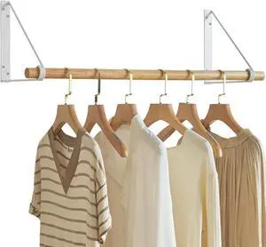 IBUYKE Wall Mounted Clothes Rack, Wood Wall Mounted Clothes Rail, Space-Saving Hanging Closet Rod, Modern Wardrobe Coat Rack for Entrance, Wall, Door, Bathroom, Bedroom, White TYJ005W