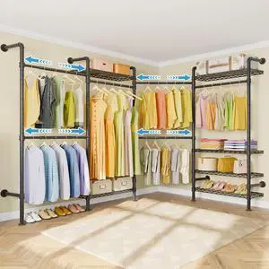 Timate L4 L Shape Heavy Duty Garment Rack - Expandable Industrial Pipe Clothing Rack, Wall Mounted Closet Organizer, Corner Closet System Black