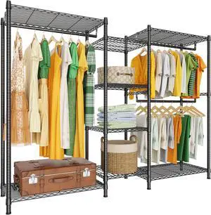 LEHOM G6 Wire Garment Rack Heavy Duty Clothes Rack Compact Size Armoire Storage Rack Freestanding Metal Clothing Closet Wardrobe with 3 Hanger Rod and 4 Large Shelves 4 Small Shelves, Black