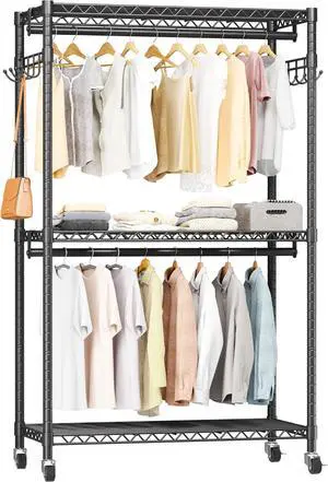 Heavy Duty Rolling Garment Rack with Adjustable Wire Shelving, 3 Tiers Clothes Rack with Double Rods and Side Hooks, Freestanding Wardrobe Storage Rack Metal Clothing Rack, Black