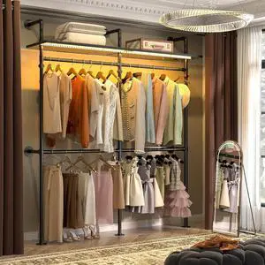 Aheaplus Industrial Pipe Clothing Rack, Reversible 79.7'' Clothes Rack for Hanging Clothes, Heavy Duty Garment Racks Closet Wardrobe with LED Lights& Shelves, Walk-in Closet System, Black