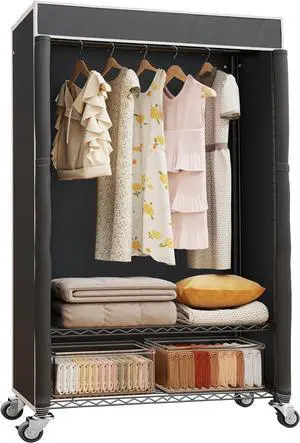 H4 Garment Rack with Cover, Rolling Heavy Duty Clothes Rack, Wardrobe Closet Organizer and Storage, Portable Closet for Hanging Clothes, Black Clothing Rack Shelf with Black Fabric Cover