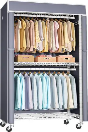 White Clothing Rack with Grey Cover, P1C Rolling Closet Rack with Wheels, Metal Garment Rack for Hanging Clothes, Clothing Storage Wardrobe, 36.2" W x 16.5" D x 80.5" H, Load 450 Pounds