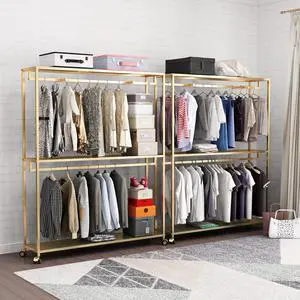 TIEOU Gold Clothes Racks Free-Standing, Gold Clothing Rack with Shelves for Boutiques, Heavy Duty Garment Rack for Hanging Clothes, Large Wardrobe Closet(Only One Shelf)