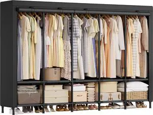 SONGMICS Wardrobe Closet, 83.5 Inch Large Capacity Portable Closet, Clothing Rack, 25 mm Dia,Thick Steel Tubes, Clothes Organizer with Fabric Cover, 5 Hanging Rails, 10 Shelves, Ink Black URDR095B01