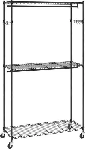 VEVOR Heavy Duty Clothes Rack, Rolling Clothing Garment Rack with 3 Storage Tiers, 2 Rods and 2 Pairs Side Hooks, Adjustable Height Clothing Rack Closet for Hanging Clothes, 400 Lbs Load Capacity