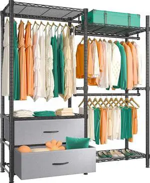 REIBII Clothing Rack for Hanging Clothes Heavy Duty Clothes Rack With 2 Drawers Load 620LBS Adjustable Portable Black 16" D x 46" W x 71" H