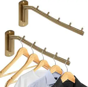 Sumnacon Stainless 2 Pcs Steel Clothes Hanger Rack-Wall Mount Garment Hook with Swing Arm, Sturdy Coat Robe Storage Organizer for Laundry Room Bedrooms Clothing Drying Rack with 5 Hooks, Gold