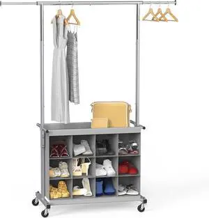 SIMPLE HOUSEWARE Garment Rack with Extensible Haning Rod and 16 Shoes Organizer, Grey