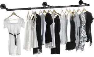 Clothing Rack Wall Mounted, 70in Industrial Pipe Clothes Racks for Hanging Clothes, Heavy Duty Pipe Hanging Rod Garment Rack Bar for Closet Laundry, Max Load 145LbS Metal Black