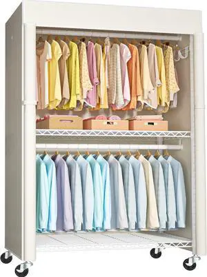White Clothing Rack with Beige Cover, P1C Plus Rolling Closet with Wheels, Metal Garment Rack for Hanging Clothes, Clothing Storage Wardrobe, 46" W x 18.5" D x 80.7" H, Load 524 Pounds