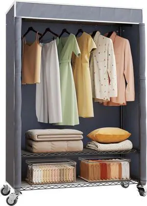 H4 Plus Rolling Clothes Rack with Cover, Heavy Duty Garment Rack, Wardrobe Closet with Wheels, Portable Closets for Hanging Clothes, Closet Organizer Storage, Black Rack with Grey Cover