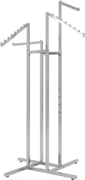 Clothing Rack  Heavy Duty Chrome 4 Way Rack, Adjustable Arms, Square Tubing, Perfect for Clothing Store Display With 2 Straight Arms and 2 Slanted Arms, Takes Up Only 32 Inches of Floor Space