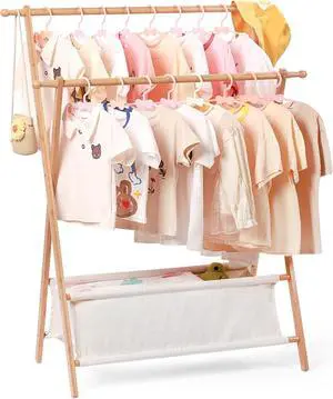 Bamboo Kids Clothing Rack with Dual Poles, Child Dress Up Rack, Clothing OrganizerRack, Small GarmentRack with Storage, Perfect for Costumes and Accessories (Natural Color)