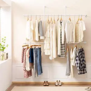 Industrial Pipe Clothing rack,Clothes Rack for Hanging Clothes,Wall Mounted Closet Rack For Hanging Clothes, White Garment Rack for Indoor & Boutique Store Clothing Display