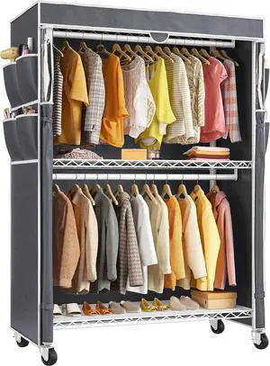 Raybee Heavy Duty Clothes Rack with Cover, 81" H Clothing Racks for Hanging Clothes, Portable with Wheels and Adjustable Feet, Max Load 440LBS, White