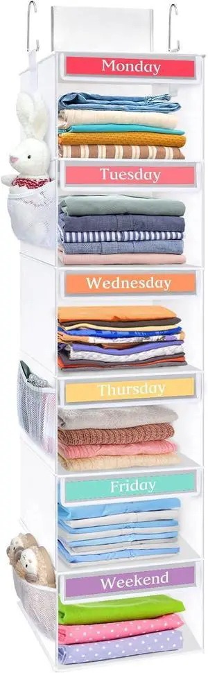Fixwal 6-Shelf Weekly Clothes Organizer for Kids with 6 Side Pockets, Daily Kids Closet Organizers and Storage, Weekly Hanging Closet Organizer (White)