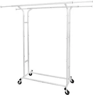 White Double Rod Garment Rack for Hanging Clothes, Rolling Clothes Organizer on Commercial Metal with Lockable Wheels Mobile Design for Coats Dresses