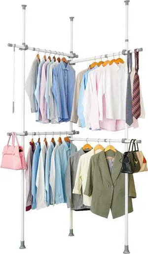 Double Clothing Rack, Adjustable Racks for Hanging Clothes, 2 Tier Clothes Heavy Duty Garment White Closet Freestanding System