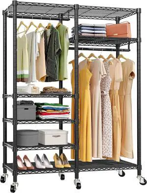 VIPEK R4 Garment Racks Heavy Duty Clothes Rack -620lb Capacity Metal Frame, Rolling Lockable Wheels & 6 Tiers Adjustable Height Shelves & Hanger Rods, Sturdy Wardrobe Closet for Home Storage, Black