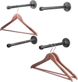 PIPE DECOR Industrial Pipe Wall Mounted Clothing Rack, Commercial or Residential Wardrobe Clothes Display, Heavy Duty Rustic Vintage Steel Grey Black Metal Garment Bracket Frame, 4 X 12" Brackets
