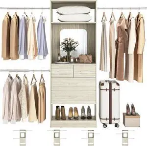 Unikito 8FT Closet System, Customizable 96 Inch Closet Organization Kit with 25 Tower and 3 Extendable Hanging Rod(Can Be Cut to Fit), Heavy Duty Clothing Racks with 4 Drawers and Shelves, White Oak